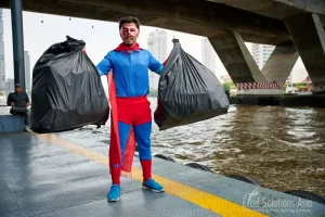 BKK Superhero takes out the trash on the Chao Phraya River