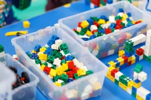 Lego blocks set up for a team building event